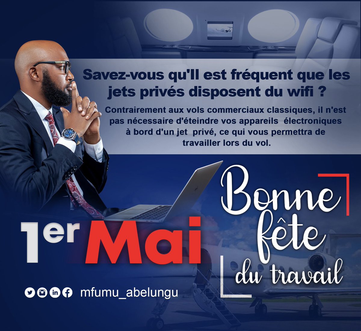 MFUMUJNR's tweet photo. Savez-vous qu'Il est fréquent que les jets privés disposent du wifi ? 

Contrairement aux vols commerciaux classiques, il n'est pas nécessaire d'éteindre vos appareils électroniques à bord d'un jet privé, ce qui vous permettra de travailler lors du vol.

Bonne fête du travail ! https://t.co/gUhwMWXvAL