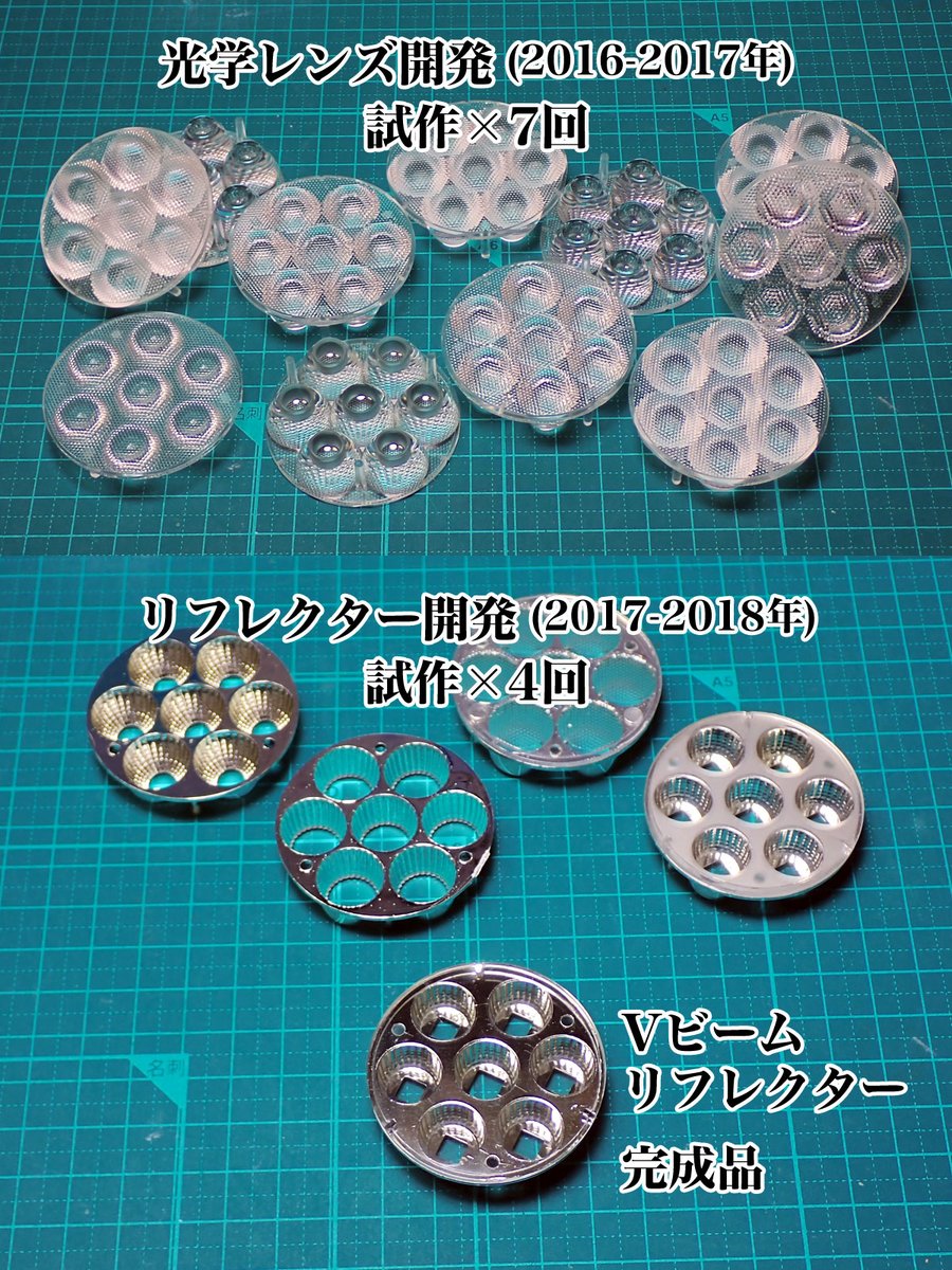 サンゴ育成LED照明 “SPECTRA” の開発秘話✨
水深システム自体はできあがっていたので、あとは3Wドライブに必要な筐体設計と、理想的な配光を実現するレンズ作りだけでした。しかし、レンズの開発は難航を極め、実現までに2年を費やしました💦
そうして誕生したのが "Vビームリフレクター" です✨