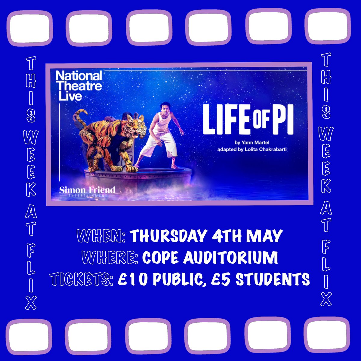 FLIX_Cinema's tweet photo. This Thursday at 7pm we have a NT Live production of Life of Pi! Tickets are sold online or at the door (card only). https://t.co/uhzl4pTdkN
