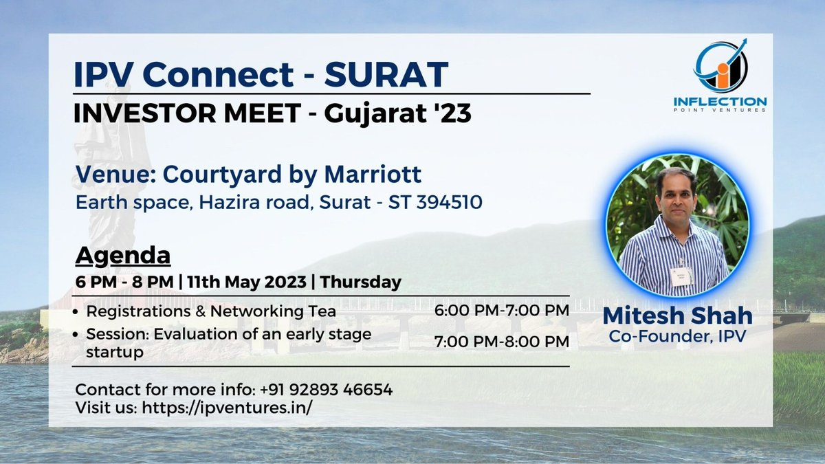 Inflection Point Ventures (@ipventures_in) on Twitter photo <a href="/ipventures_in/">Inflection Point Ventures</a>'s Investor Meet is being hosted in #Gujarat.
Don't miss out on #growth, learning & #collaboration at
Surat on 11th May, Thursday
Venue: Courtyard by Marriott
Register here: forms.office.com/r/UNrtFq999a
Please find attached the event agenda for your perusal. <a href="/ipventures_in/">Inflection Point Ventures</a>'s Investor Meet is being hosted in #Gujarat.
Don't miss out on #growth, learning & #collaboration at
Surat on 11th May, Thursday
Venue: Courtyard by Marriott
Register here: forms.office.com/r/UNrtFq999a
Please find attached the event agenda for your perusal.