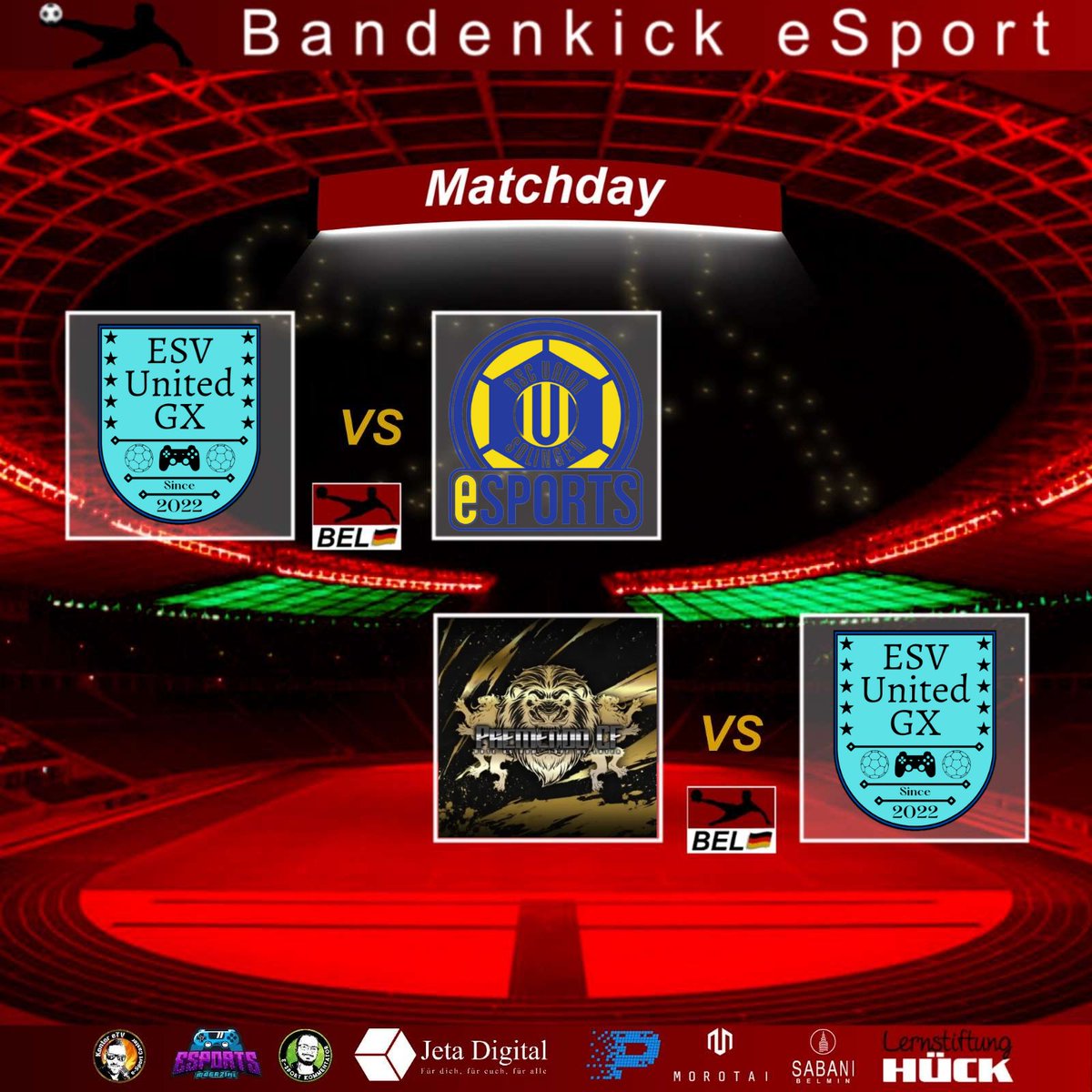 Spieltag 15+16 BEL
Mittwoch 03.05.2023
20:20 Union Solingen eSports
20:50 <a href="/premendo/">Premendo CF eSports</a> 

<a href="/bandenkick/">Bandenkick</a> 
<a href="/lernstiftung/">Lernstiftung Hück</a> 
<a href="/MagazineClubs/">eSports Magazine Pro</a>