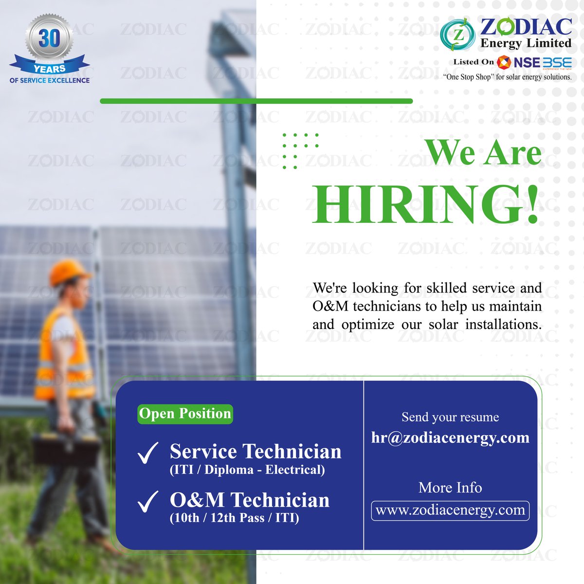 Zodiac Energy is hiring skilled Service and O&M Technicians to help maintain and optimize our installations.
(10th/12th pass/ITI/Diploma in Electrical)
Send your resume to hr@zodiacenergy.com
#ZodiacEnergy #SolarEnergy #HiringNow #ServiceTechnician #JoinOurTeam #hiring #jobsearch