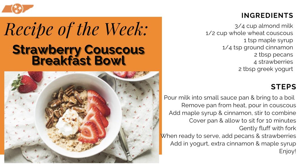 ROTW: Strawberry Couscous Breakfast Bowl 🍓

#VolNutrition #RockyTopFuel #GoVols #ROTW