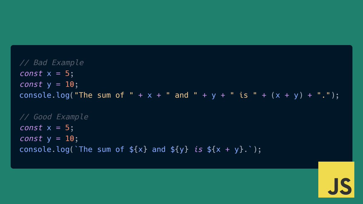 Codepalm_DE's tweet image. 🚫 Don't concatenate strings with +, use template literals for better readability and maintainability! #javascript #stringconcatenation #bestpractices