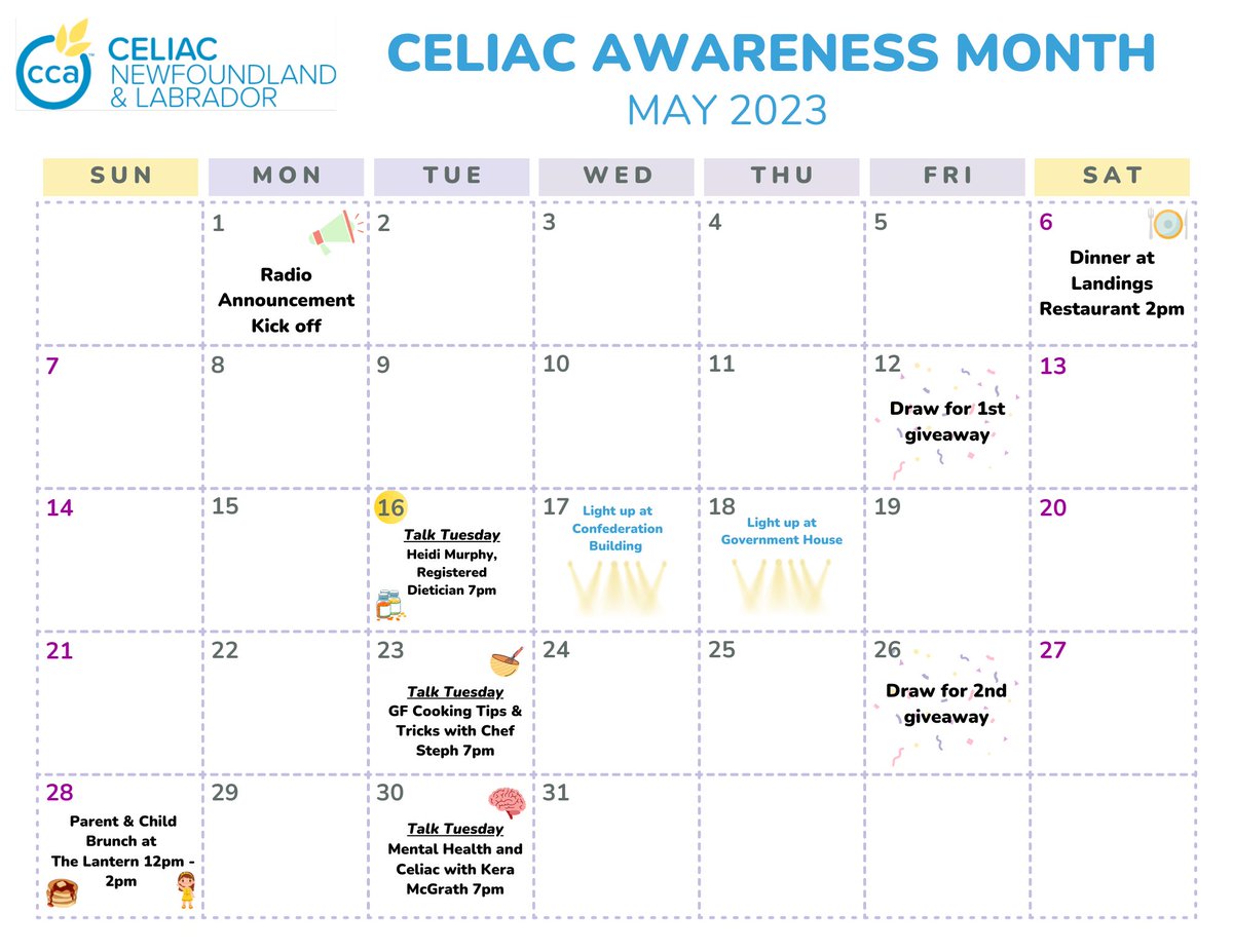 nlceliac's tweet photo. May is Celiac Disease Awareness Month! 💚 We have a number of events planned to help raise awareness and support individuals and families living in Newfoundland and Labrador who have been diagnosed with celiac disease.
@VOCMOpenline 
@590VOCM 
@VOCMNEWS 
@KrissyHolmes https://t.co/ouX6CShvCa