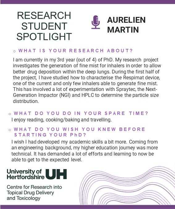 TDDT_UniofHerts's tweet photo. ✨Student spotlight✨

This month meet Aurelien! He's research is of crucial importance, he's currently investigating the generation of fine mist and particle aerosols from formulations for deep lung delivery @MRXdevices @UniofHerts @uniofhertslms https://t.co/njTyONS0mH