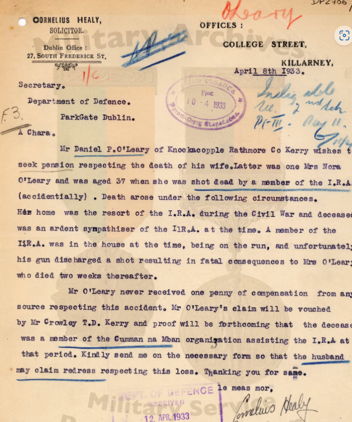 Nora O'Leary was shot in her home at Rathmore in October 1922 when the gun of IRA commandant Denis Reen was accidentally fired

Nora (37) died of her injuries at Killarney hospital

She was one of 14 civilians killed in Kerry during the Civil War

owenoshea.ie/civilians-kill…