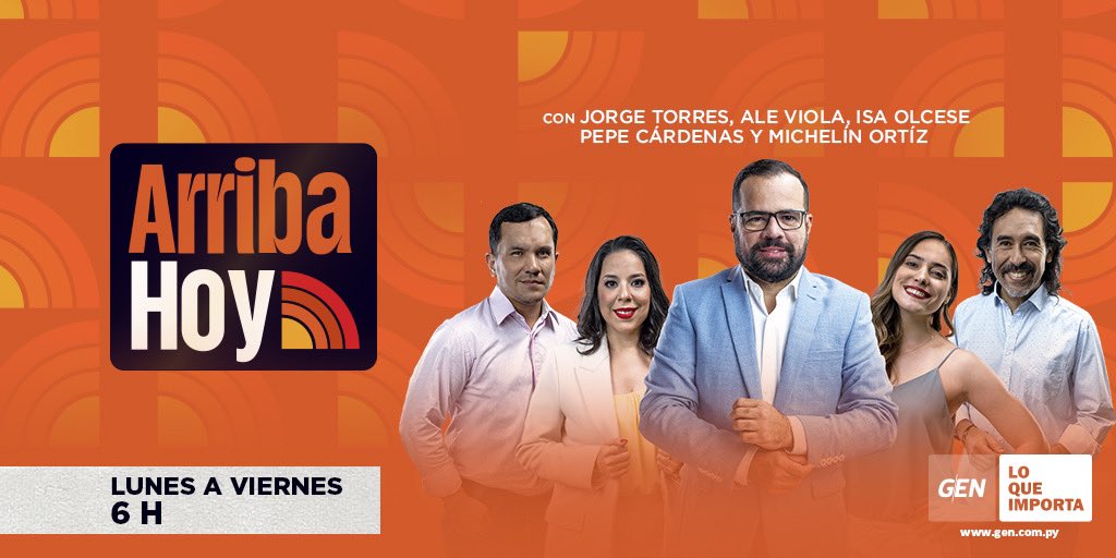 #ArribaHoy ☀

¡Feliz día del trabajador! 
 
👋Ya estamos con una nueva jornada para informarte con las noticias más destacadas.

📺gen.com.py 
🎙<a href="/jtorresromero/">Jorge Torres Romero</a> <a href="/aleviocaca/">Ale Viola</a> <a href="/MichelinOrtiz/">El Popular Michelin</a> <a href="/isabellaolcese/">Isa Olcese</a> <a href="/Junior7Cardenas/">Junior Pepe Cardenas</a>