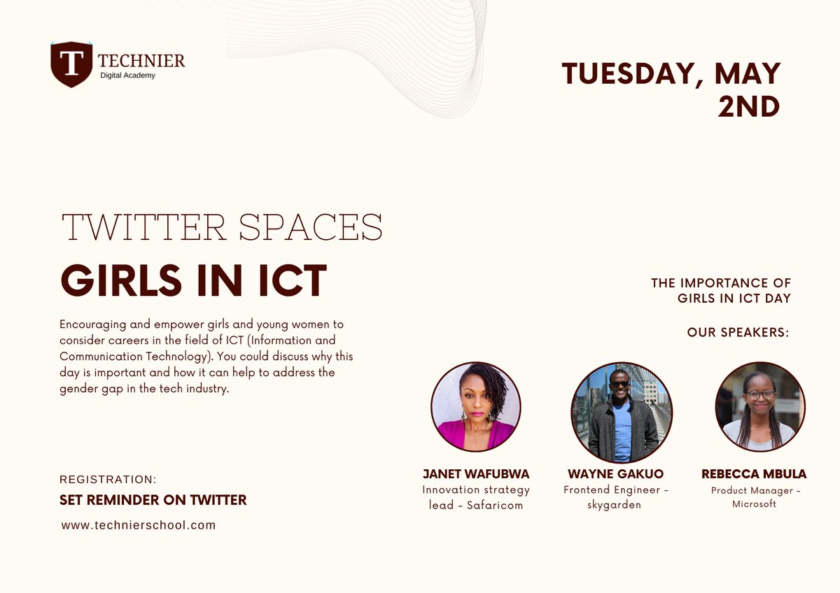 Join us for a Twitter spaces discussion on Girls in ICT . The importance of empowering young girls and women to pursue careers in ICT as well their success stories and strategies to create an inclusive space. Hosted by <a href="/kavyu_jemimah/">Jemmimah Kavyu #superstar</a> 

Set a reminder  x.com/i/spaces/1rmxP…