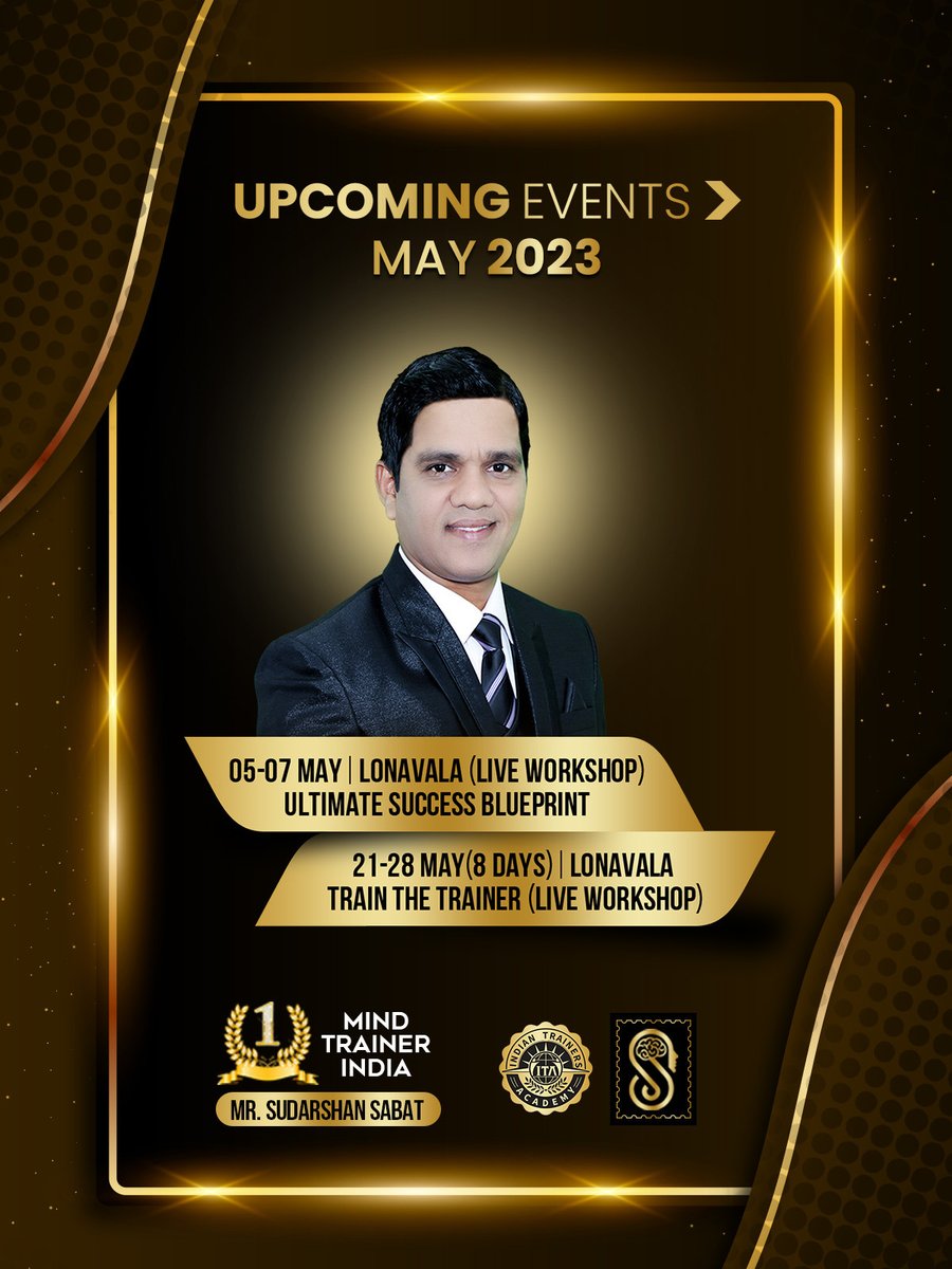 UPCOMING EVENTS >
MAY 2023

05-07 MAY | LONAVALA (LIVE WORKSHOP) | ULTIMATE SUCCESS BLUEPRINT

21-28 MAY (8 DAYS) | LONAVALA | TRAIN THE TRAINER (LIVE WORKSHOP)
.
.
.
.
#sudarshansabat #becomeatrainertoday #SuccessCoach #Growth #BusinessGrowth #MindTraining #Success #Life
