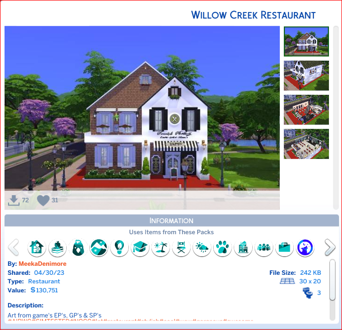 Inamacsims4's tweet photo. Sul Sul! I would like to nominate the following fantastic creations for a #maxisfav The Emerald Ballroom by #TheLonnykins
Crick Cabana Replacement by #BrianDcreations
Cypress Terrace by #TebanGreen
Willow Creek Restaurant by #MeekaDenimore Thank you, Dag Dag x https://t.co/9bz0tNcdMH