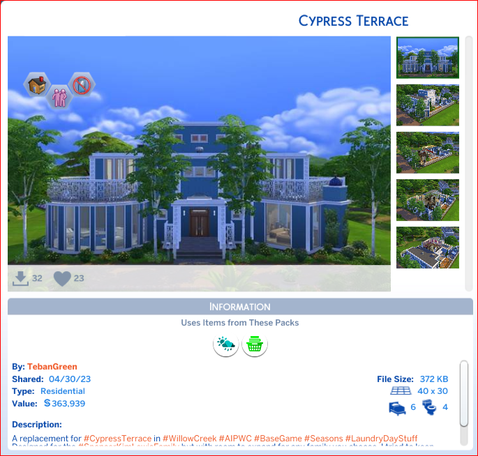 Inamacsims4's tweet photo. Sul Sul! I would like to nominate the following fantastic creations for a #maxisfav The Emerald Ballroom by #TheLonnykins
Crick Cabana Replacement by #BrianDcreations
Cypress Terrace by #TebanGreen
Willow Creek Restaurant by #MeekaDenimore Thank you, Dag Dag x https://t.co/9bz0tNcdMH