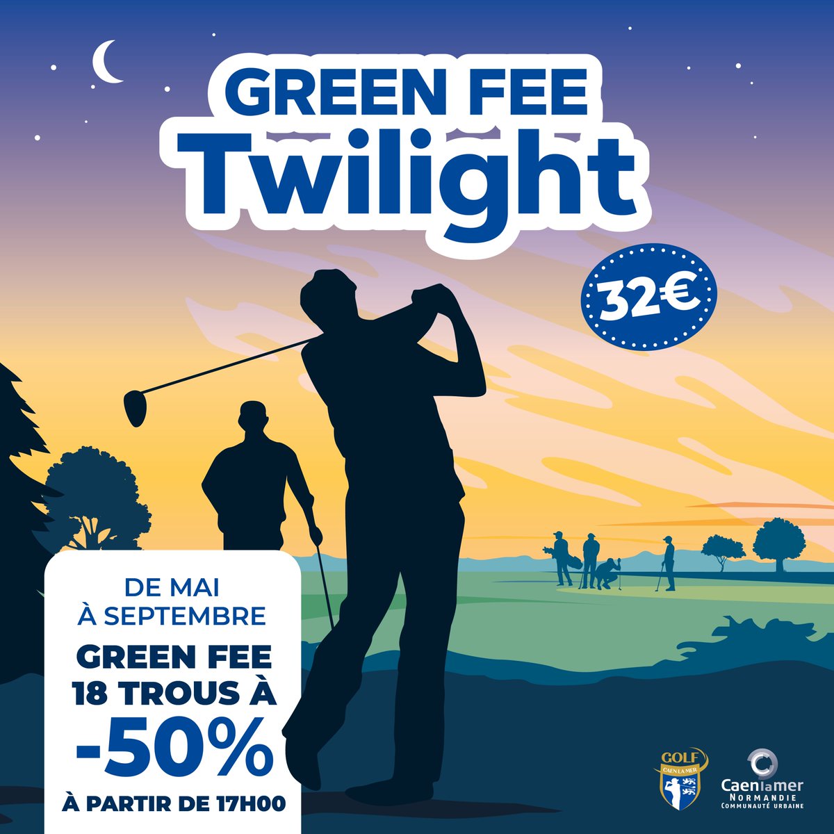 GolfCaenLaMer's tweet photo. C'est le grand retour de notre offre Twilight ! 🤩
Venez golfer à partir de 17h pour un prix unique de 32€ (9 ou 18 trous) de mai à septembre ! https://t.co/O8s8JUbaWx