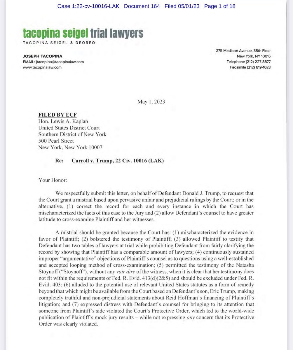 lawofruby's tweet image. NEW in CARROLL TRIAL: Trump lawyer Joe Tacopina has moved for a mistrial on multiple grounds, as summarized on the front page of this letter.