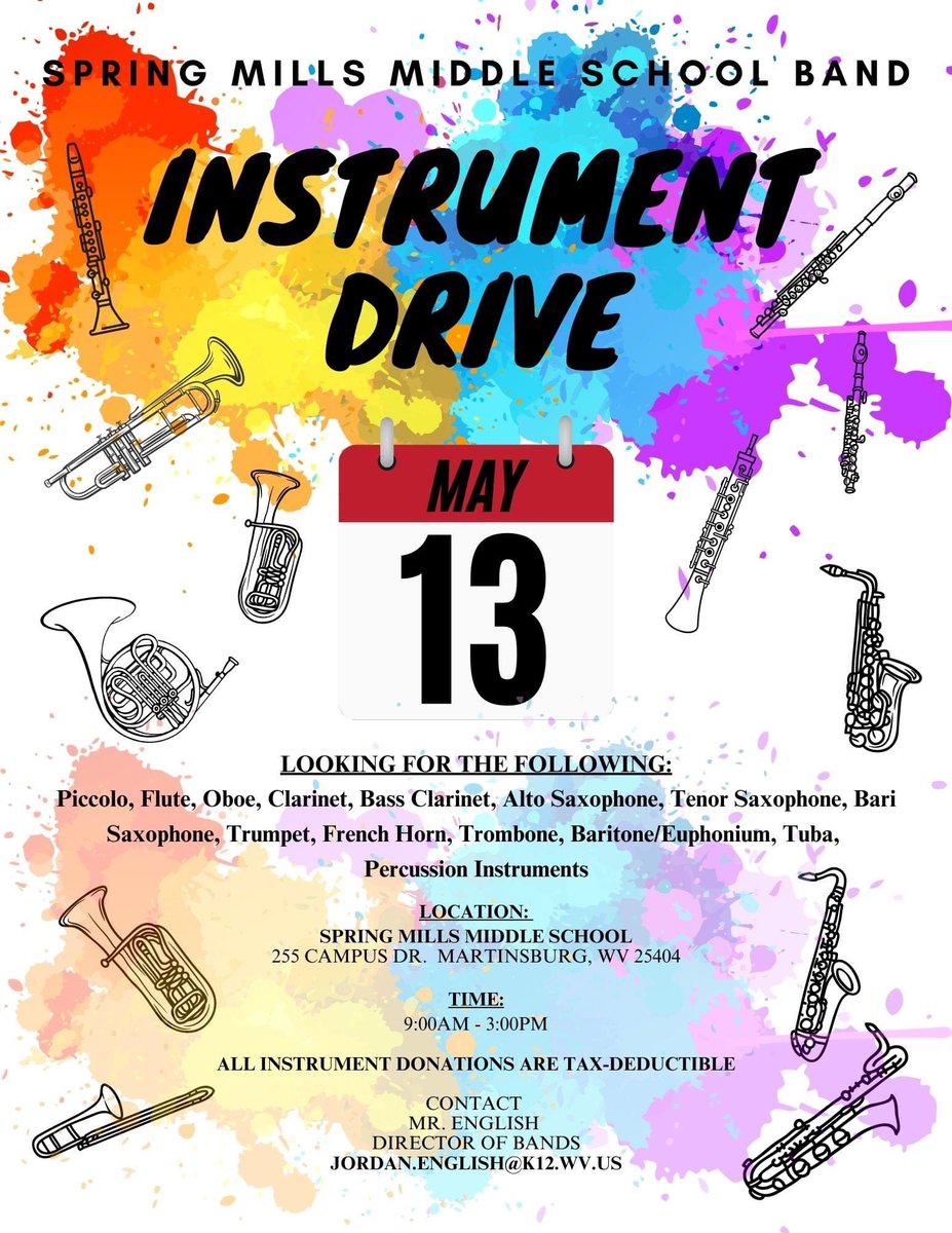 SMMS Band is hosting an Instrument Drive 5/13 from 9-3 pm. Your contributions will help students who wish to play an instrument, but may not have the financial means to purchase or rent an instrument on their own. All Instrument Donations Are Tax Deductible! #wearespringmills