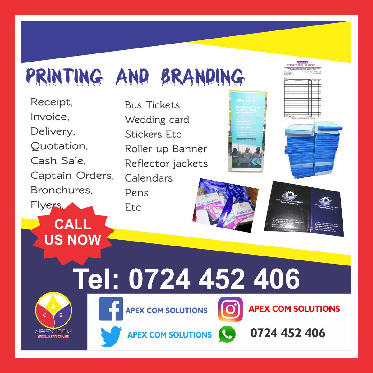 Apexcomsolution's tweet photo. @bonifacemwangi For all your Receipt book printing such as Invoice, Delivery books, Cash sale books, official receipts.  Tel: +254 724 452406,  Email: apexcomsolutions@gmail.com https://t.co/2uNLMpqSLd https://t.co/RATbM3VpIe