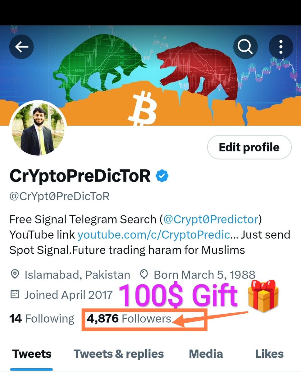 CrYpt0PreDicToR's tweet photo. Announcement 📢💰
I will gift 100$ to one lucky person if my followers reach to 10k in the next 24hrs. Now 4.8k.
Follow these steps to enter in lucky draw
1) Retweet
2) Follow & Subscribe my Page @Crypt0predictor
3) Comment on this tweet  

The winner will be announced in the next 24 hours after 10k followers.

#Btc #bitcoin #eth #xrp #arb #id $btc #eth $eth #ltc #10k