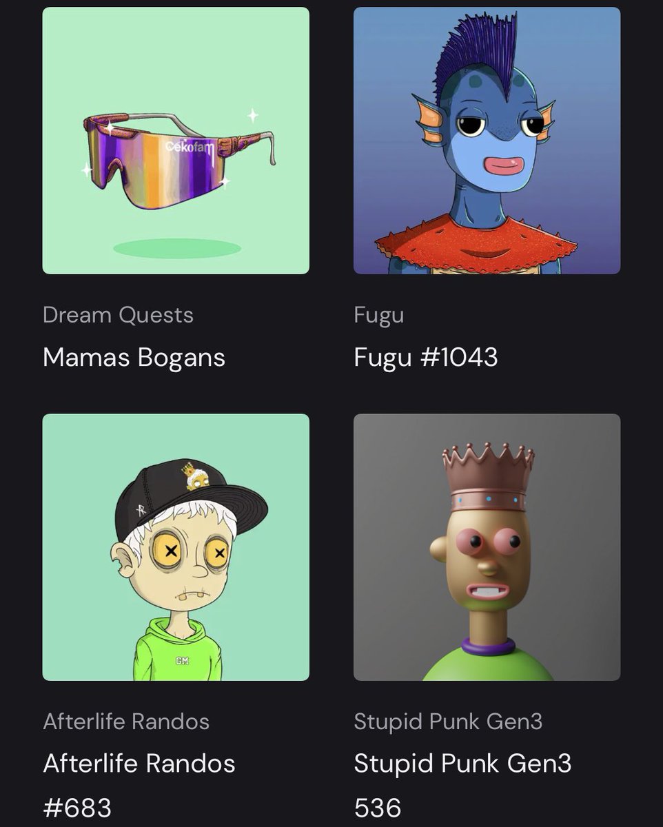 Not a bad weekend. Won some and scooped some #AlgorandNFTs from <a href="/AfterlifeRandos/">Afterlife Randos | MINT IS LIVE</a> <a href="/fuguNFT/">𝗙𝘂𝗴𝘂</a> <a href="/yieldling/">mngo</a> <a href="/jackasspunkalgo/">Jackasspunk.algo/Stupidpunk.algo</a> 
What did you get this weekend?