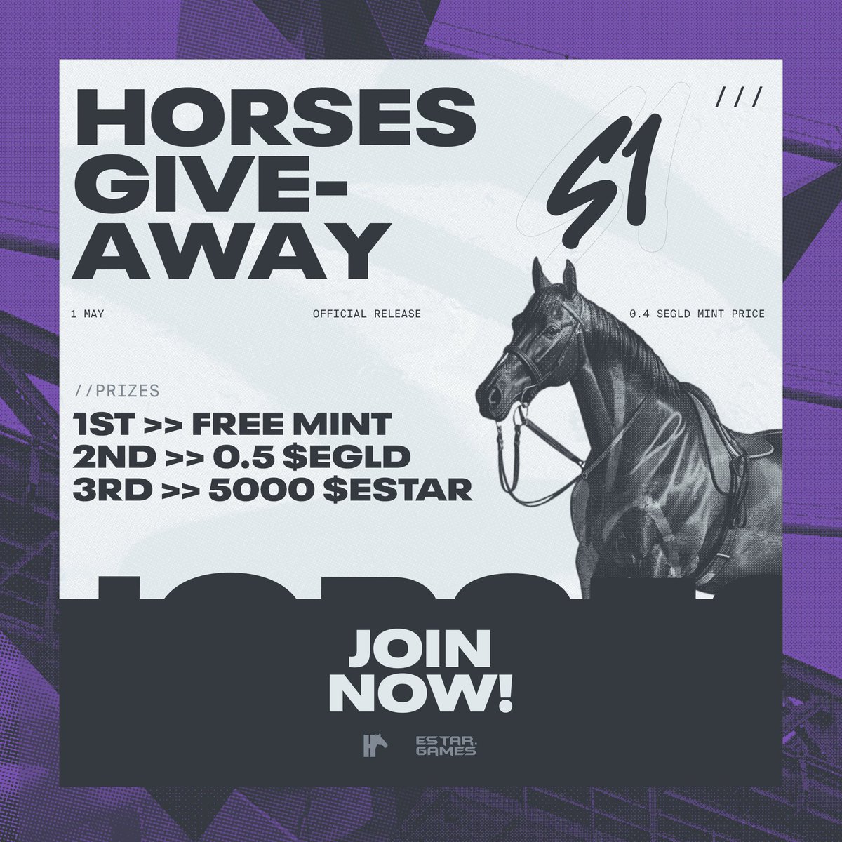 🎁 #GIVEAWAY🎁

🐴📷 Gallop into action with the new #HorseS1 collection from <a href="/estargames/">franco</a>
Launch on May 1st 📅

🥇Free Mint ⚡️
🥈0.5 $EGLD ⚡️
🥉5000 $ESTAR ⚡️ 

RULES 📜
1) Follow <a href="/Krastoz_/">Krz</a> +<a href="/EstarToken/">ESTAR.GAMES</a> 
2) Like/RT  
3) Tag 3 friends

 #MultiversXNFTS #MultiversX #NFTs #EGLD