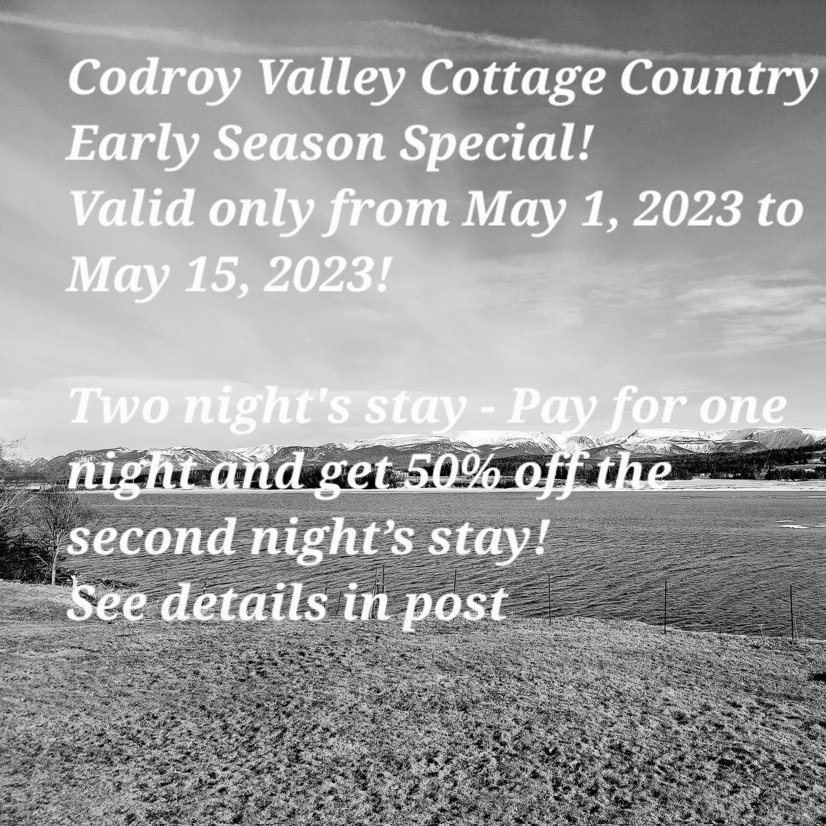 One bedroom suite - $125 taxes extra
Two bedroom cottage - $140 taxes extra
*Rates are based on double occupancy - Additional person rate $10 each (12 and under free up to a family of 4) 

Reservations must be made directly by calling us  @ 1-709-955-2720.  #codroyvalleycc