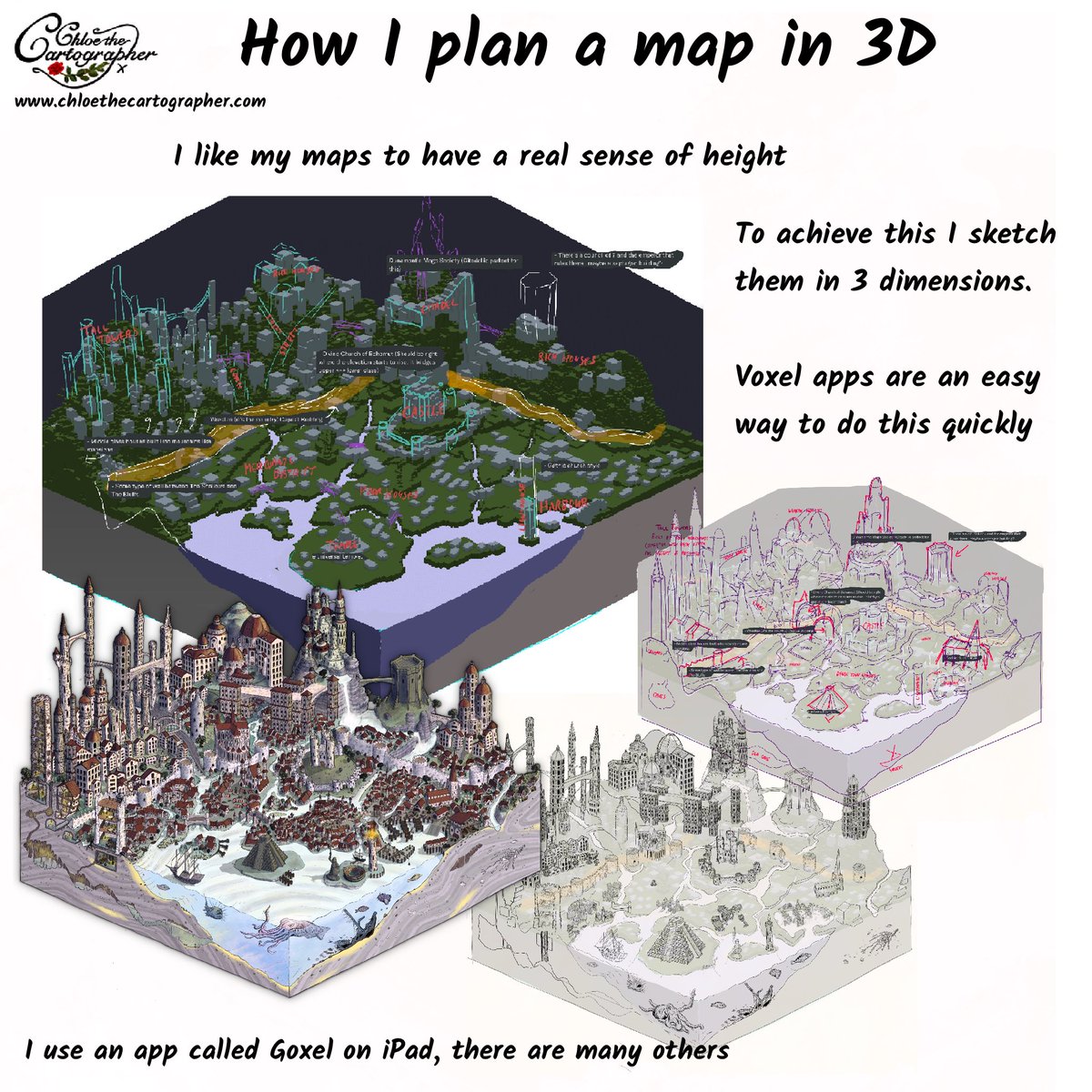 ChloeTheCartog's tweet image. I have found that if I don’t sketch the map in 3d I tend to end up with something that looks too flat. Voxel drawing apps are a quick and easy way to solve this, without getting into super technical 3d design software. #drawing #sketchingtips #howtodraw #illustration #procreate