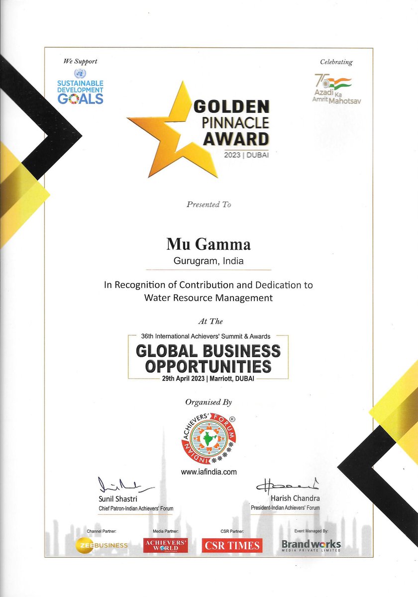 gamma_mu's tweet photo. We would like to share that in recognition of our contribution &amp; dedication to Water Resources Management we received the Golden Pinnacle Award 2023, Dubai at the 36th International Achievers’ Summit &amp; Awards, organised by @achievers_forum 
@ZeeBusiness @TimesCsr https://t.co/PuCctsTNHD