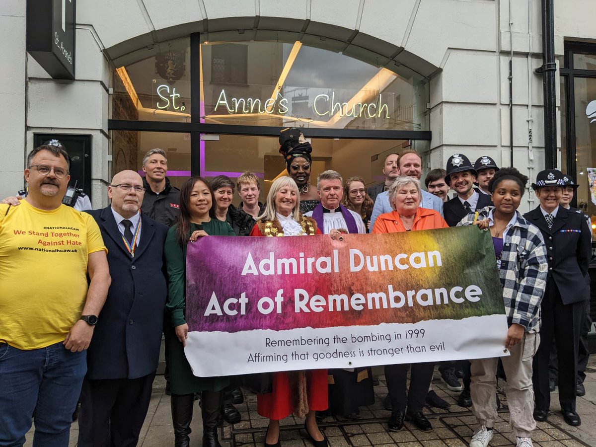 PaulEFishr's tweet photo. Such a beautiful afternoon yesterday remembering those cruelly taken from us and celebrating life. #AdmiralDuncan A real privilege for @CllrPLilley and I to meet some of those who experienced that day 24 years ago. https://t.co/IcrbxwZPyD
