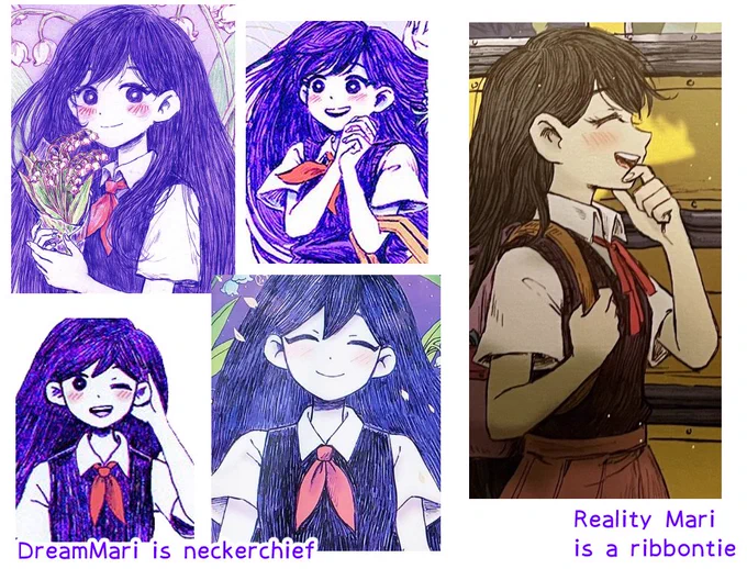 As previously mentioned in Japanese, I would like to note that the real Mari wears a ribbon tie with her uniform, while the dream Mari wears a neckerchief. Her ribbon tie falls in the middle of the lake in the outskirts, and when you pick it up, something appears