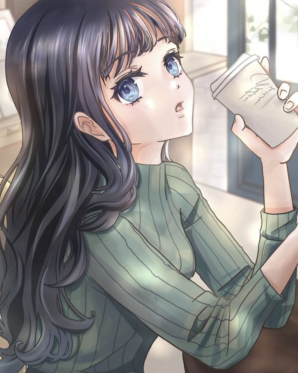 1girl solo long hair sweater black hair blue eyes cup  illustration images