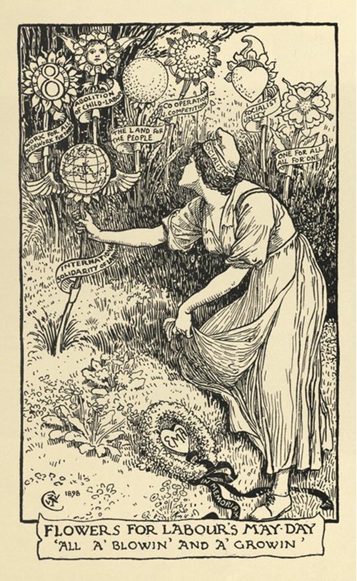 PreRaphSoc's tweet photo. Happy May Day, we stand with workers all around the world in solidarity, for International Workers' Day. 

To celebrate are three illustrations Walter Crane created for socialist magazines. He combines Arts and Crafts politics with May Day/Beltane seasonal traditions. https://t.co/o2EslhCk69