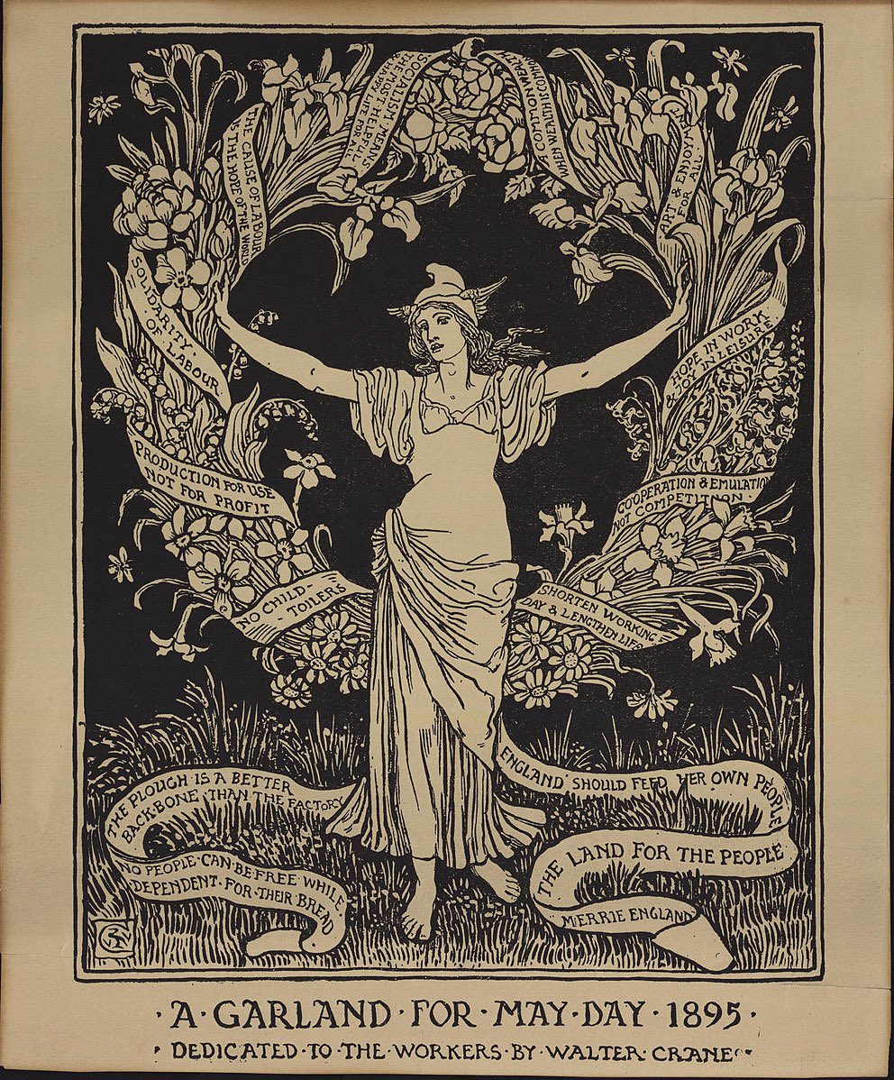 PreRaphSoc's tweet photo. Happy May Day, we stand with workers all around the world in solidarity, for International Workers' Day. 

To celebrate are three illustrations Walter Crane created for socialist magazines. He combines Arts and Crafts politics with May Day/Beltane seasonal traditions. https://t.co/o2EslhCk69