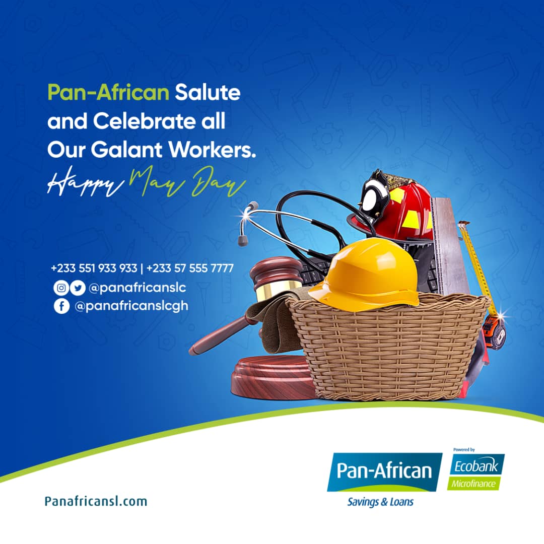 panafricanslc's tweet photo. Pan-African Savings and Loans wishes you a Happy May Day. We celebrate your Hard work Call our hotline 0575557777 / 0551933933 or visit https://t.co/n9ZDutT8Ze for more information.
#Loans
#Savings
#panafricanslgh
#Quick
#QuickAgent
#deposit https://t.co/kWsXkroJD4