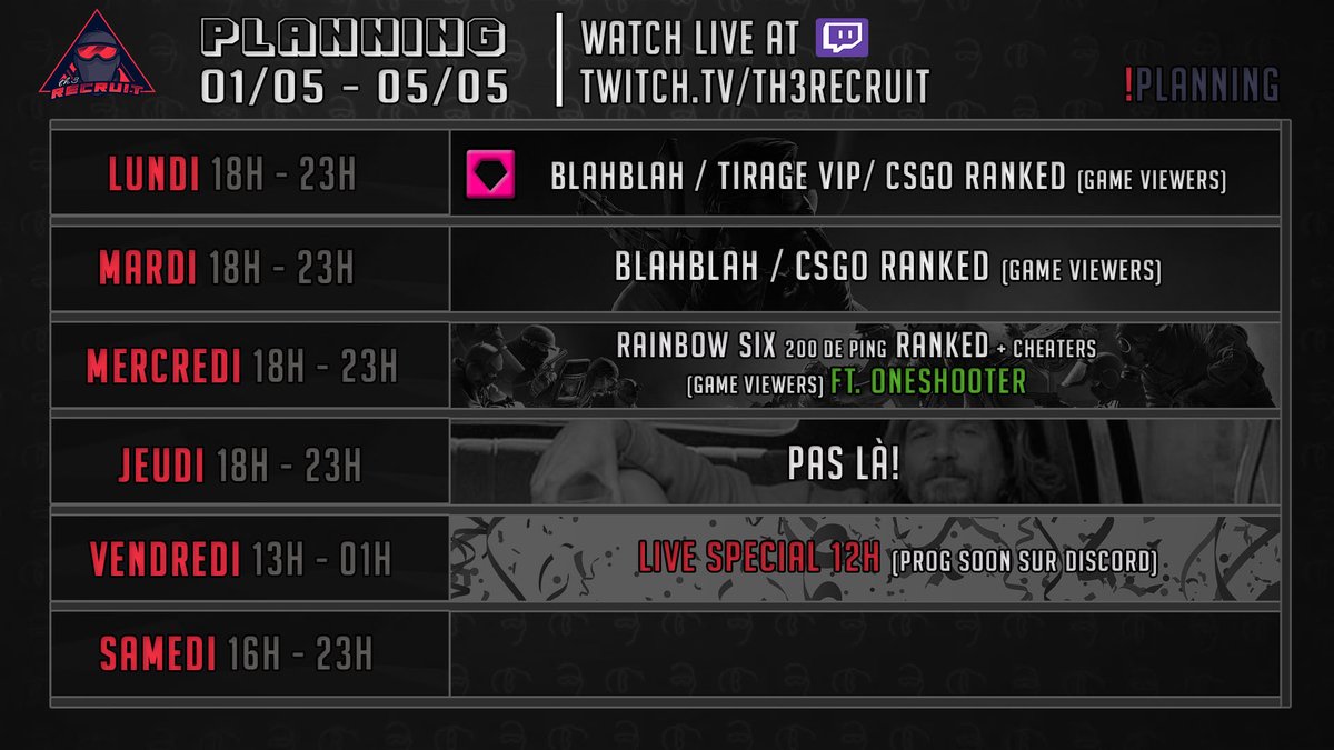 Th3_Recruit's tweet photo. BOOM ! 💥
Voici le planning de cette semaine les bros.
Très peu de R6 parce que bon, 200 ping et je ne récup pas mes points contre les cheaters... c'est marrant au début, mais là, je n'ai plus la foi ! Sorry.
-----------
#twitchstreamer 
------
➡️ https://t.co/Lp2wctboA3
----
x https://t.co/GyItoPSH4M