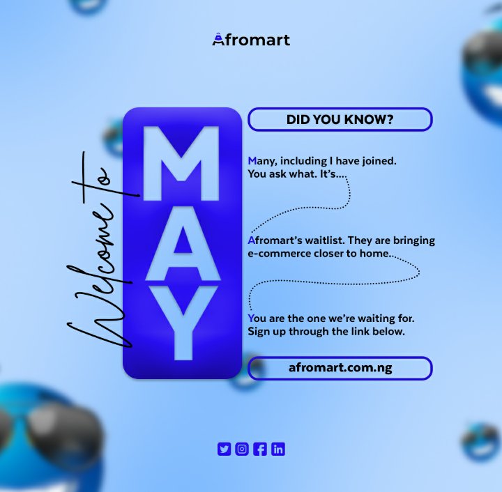 Afromartgroups's tweet photo. Welcome to the month of May filled with unending bliss and wins. Cheers to more success 🥂

Do not forget to subscribe to our waitlist:👇🏿
https://t.co/2Vup3qKKyx
#onlineshopping #may #afromart https://t.co/F77AhWfqDw