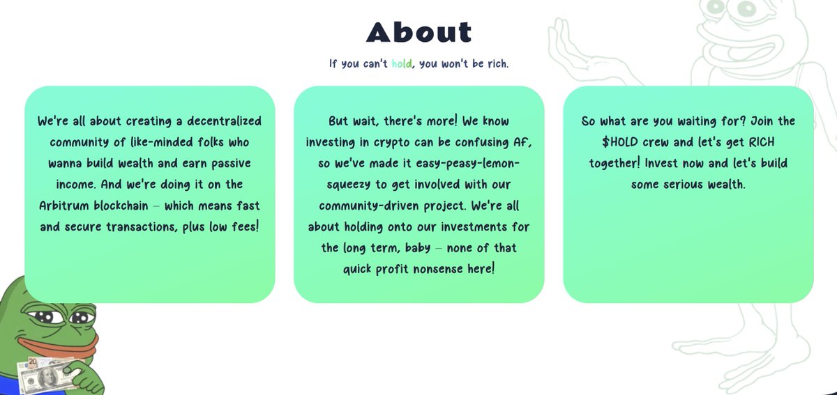 $HOLD Everything you need to know:

Website: hold.vip 

Telegram: t.me/holdvip

UniSwap Position Liquidity burned: arbiscan.io/tx/0x012d6c0ef…

CoinMarketCap: coinmarketcap.com/dexscan/arbitr…

Contract: 0xb4bbfE92702730ef7F1d28e4b9E42381182F48a5
