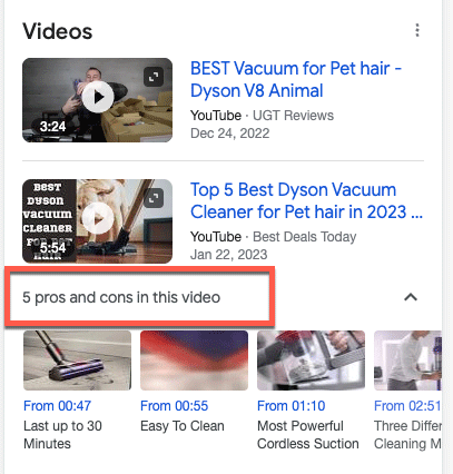 rustybrick's tweet photo. Google Search video results shows "pros and cons in this video" in the key moments area https://t.co/iuq9WJxREX via @MordyOberstein https://t.co/K0TLW5kQoL