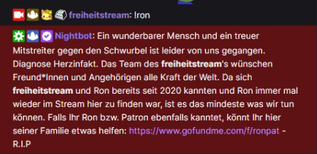 freiheitstreams's tweet photo. Hallo zusammen,
wie gestern erwähnt wurde, wird der #1Mai Stream heute @RonPat23 / #RonPAT gewidmet.
Der aktuelle Spendenstand wird eingeblendet und auch jede Minute aktualisiert. Command hierfür: !ron.
Um 14 Uhr wird es auch eine Schweigeminute geben.
https://t.co/nkSVL82ixY https://t.co/D8mO1Dthw4