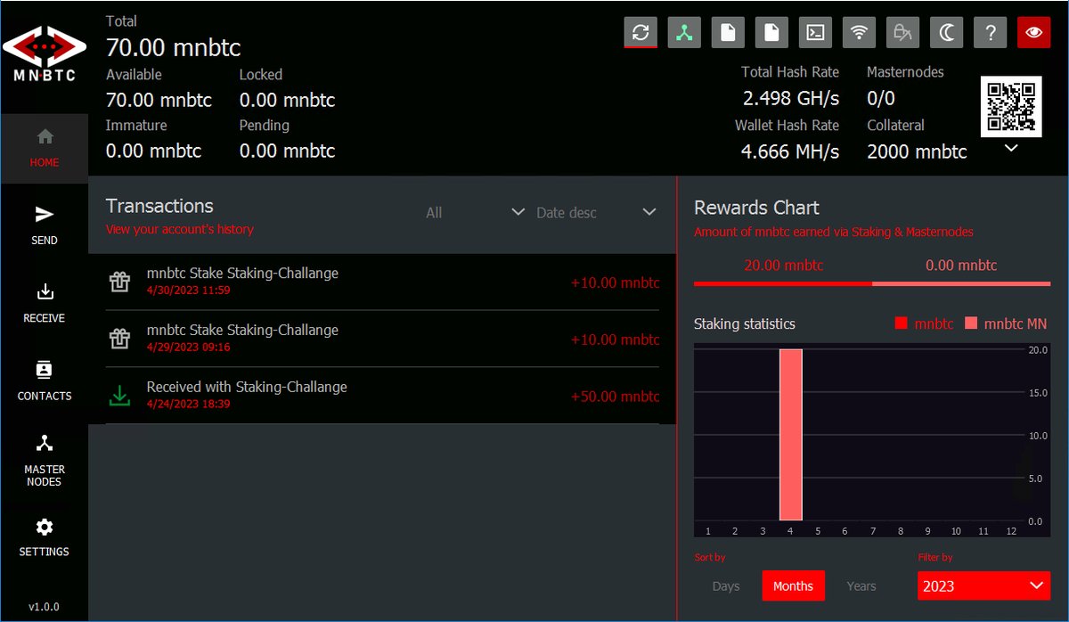 One week into our #MNBTCStakingChallenge! 🚀
We've received 2 stakes, and our wallet now holds 70 $MNBTC worth ~$46. 
Staking is a fantastic way to earn passive income! 💰 

Stay tuned for more updates. 

#MNBTC #profit #passiveincome #Masternode #POS #Staking #BTC