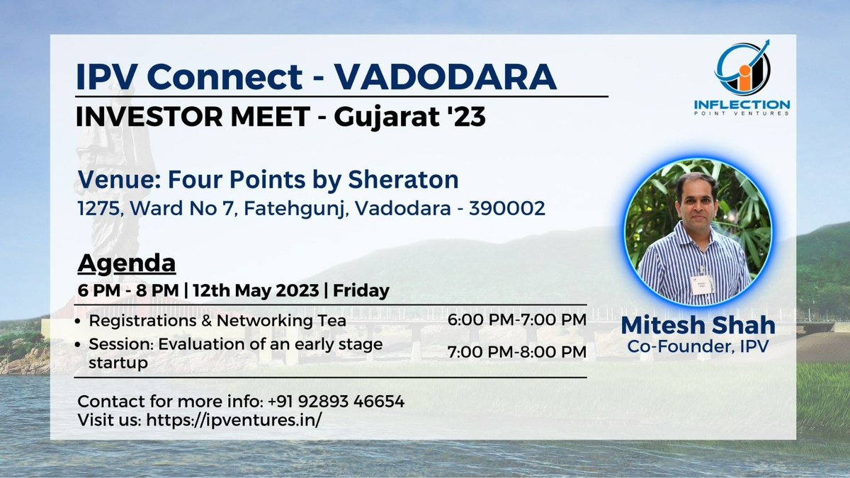 Inflection Point Ventures (@ipventures_in) on Twitter photo <a href="/ipventures_in/">Inflection Point Ventures</a>'s Investor Meet is being hosted in #Gujarat.
Don't miss out on #growth, learning & #collaboration at
Vadodara on 12th May, Friday
Venue: Four Points by Sheraton
Register here: forms.office.com/r/8XqcNzuvWp
Please find attached the event agenda for your perusal. <a href="/ipventures_in/">Inflection Point Ventures</a>'s Investor Meet is being hosted in #Gujarat.
Don't miss out on #growth, learning & #collaboration at
Vadodara on 12th May, Friday
Venue: Four Points by Sheraton
Register here: forms.office.com/r/8XqcNzuvWp
Please find attached the event agenda for your perusal.