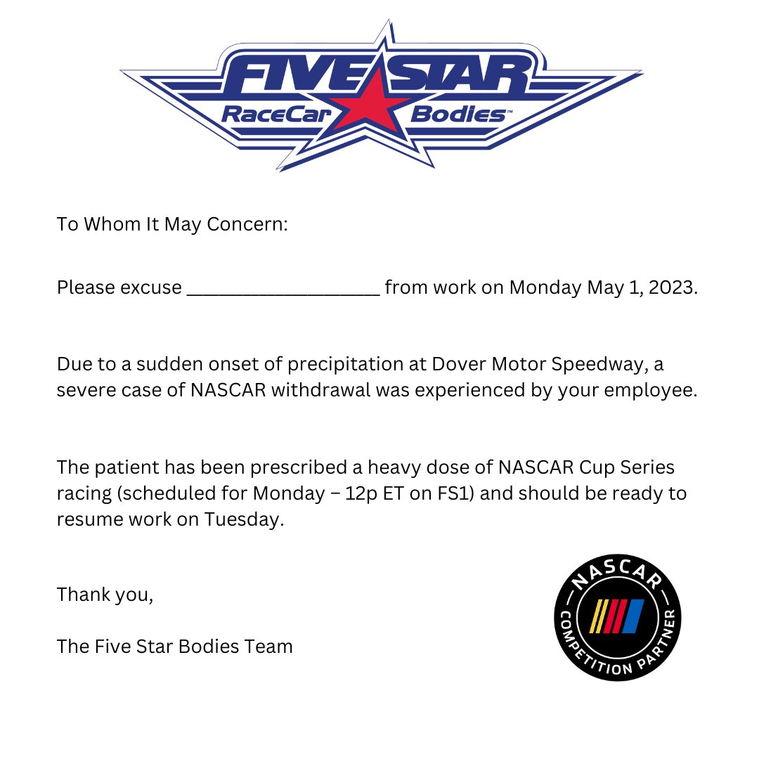 Looking to get out of work to watch the NASCAR race at Dover Motor Speedway today? Problem solved! 😎