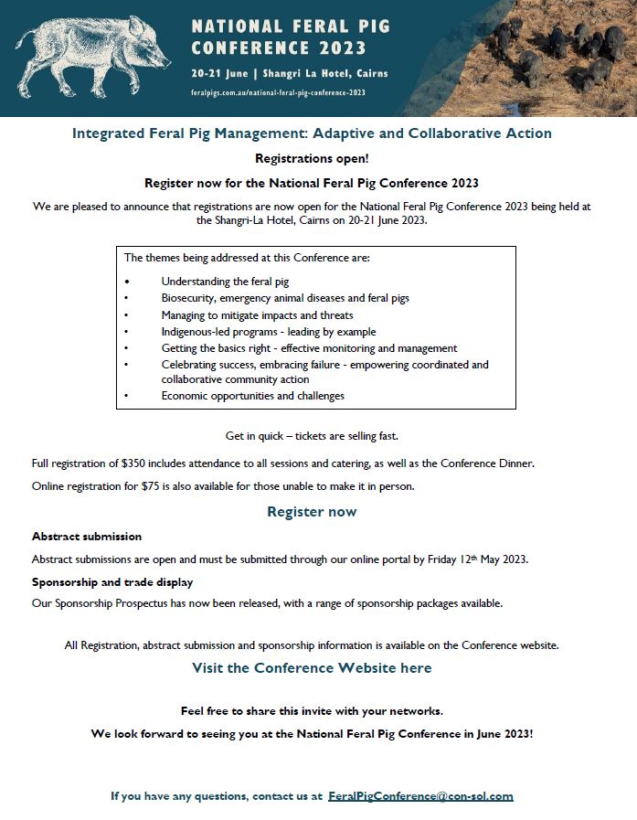 Registrations now open for the #NationalFeralPigConference2023!
20-21 June 2023
Shangri-La Hotel, Cairns
Visit our website for information on registration, abstract submission &amp; sponsorship opportunities feralpigs.com.au/national-feral… 
Please share to your network