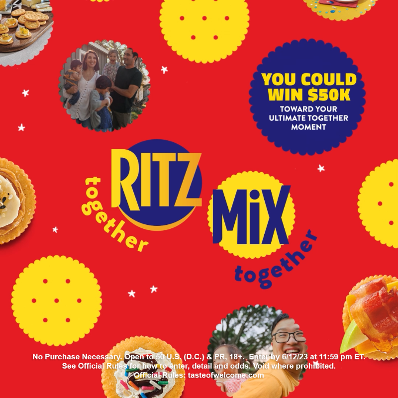 Ritzcrackers's tweet photo. We want to see how you #RITZtogether! Show us how you and your loved ones mix up snack time with RITZ for a chance to win big toward your dream get-together.