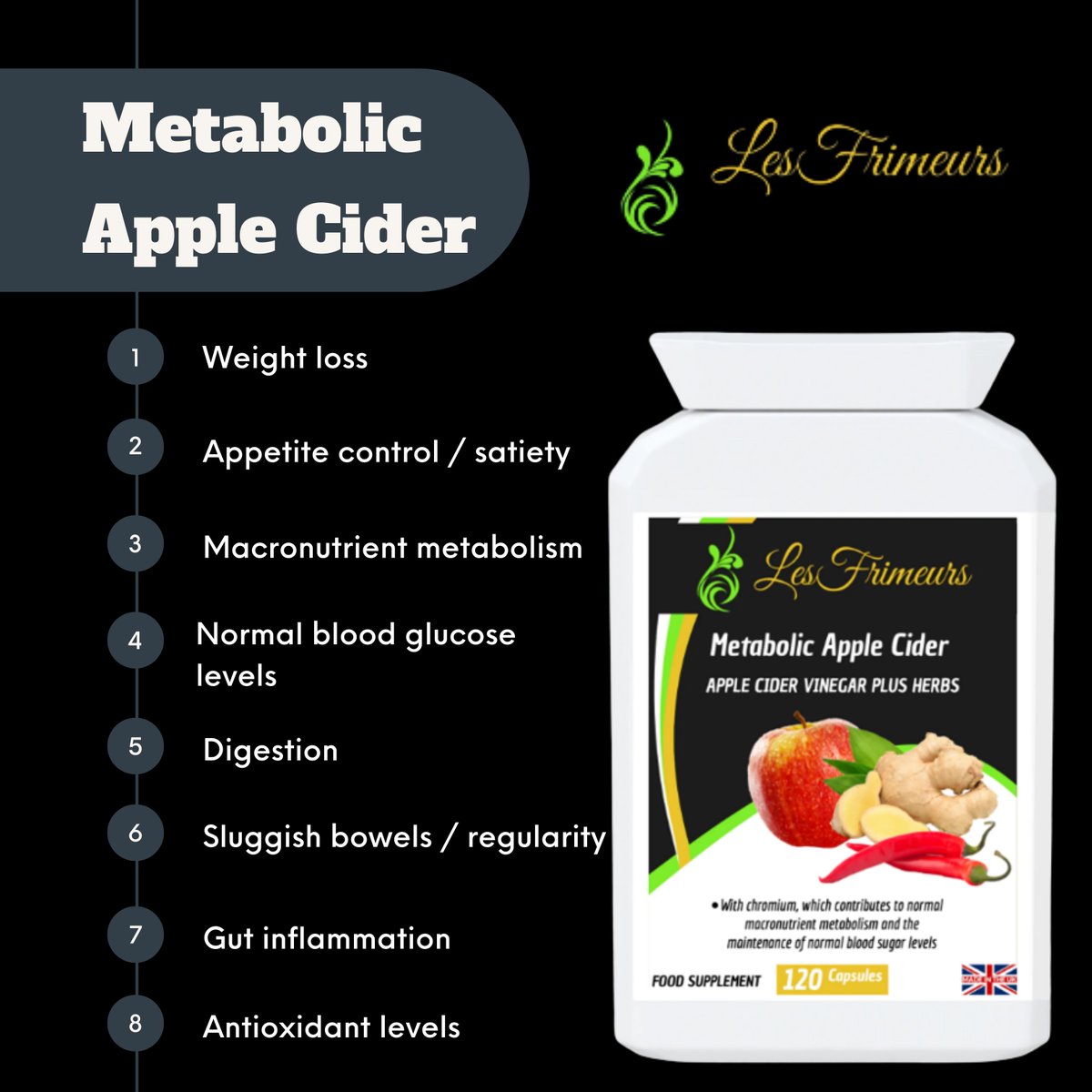 Metabolic apple cider #lesfrimeurs #doctorsays
#acv #applecidervinegar #applecide #Weightloss #Appetitecontrol #Digestion #bowels #constipation #Antioxidant #foodsupplements #nutritionalsupplement #supplement #health