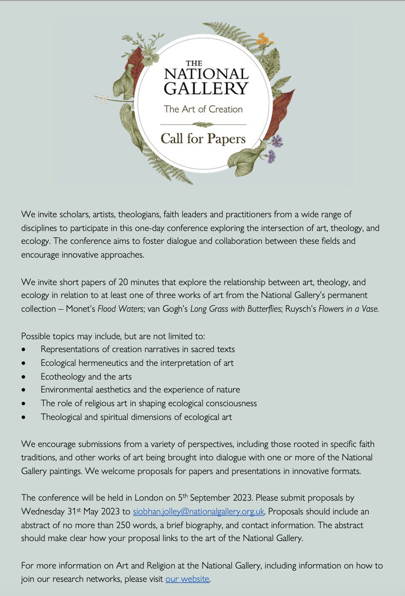 📣The Art of Creation - Call for Papers 📣

We invite scholars, artists, theologians, faith leaders and practitioners from a wide range of disciplines to participate in this one-day conference exploring the intersection of art, theology, and ecology.