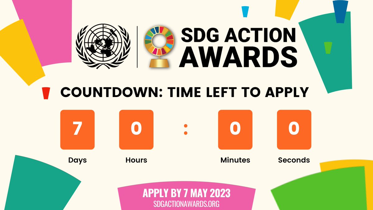 SDGaction's tweet photo. ⏳ Time is running out to apply for the 2023 UN #SDGAwards!

🗓️ Only 7 days left until the deadline!

Don't miss your chance to be recognized for mobilizing, inspiring, connecting &amp; enacting transformative change towards the #SDGs.

✍️ Apply by 🗓️ 7 May: https://t.co/7MCsdKLMRD https://t.co/AeCyHrmhJg