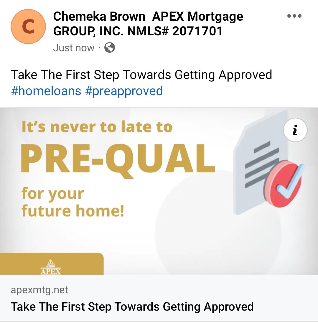 BrownChemeka's tweet photo. #ApexMortgageGroup
#PreQualified
#MortgageAdvisor https://t.co/Oo5tBjw4dz