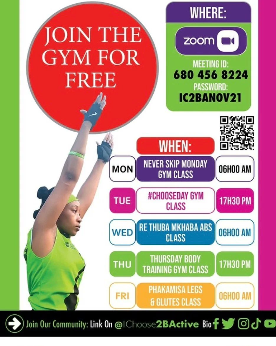 TalaSophy's tweet photo. new Month, Let us 🔌  with our #VirtualGymClass #GigGuide:
Ziyakhala @Ichoose2BActive
Monday to Friday 💚.

This May! We only dish you excitement at the comfort of your home🔥
 
Join via Zoom, Instagram, Facebook or TikTok 

#WorkersDay2023
#AfricaMoveMore
#IChoose2BActive https://t.co/vycXU6QPxG