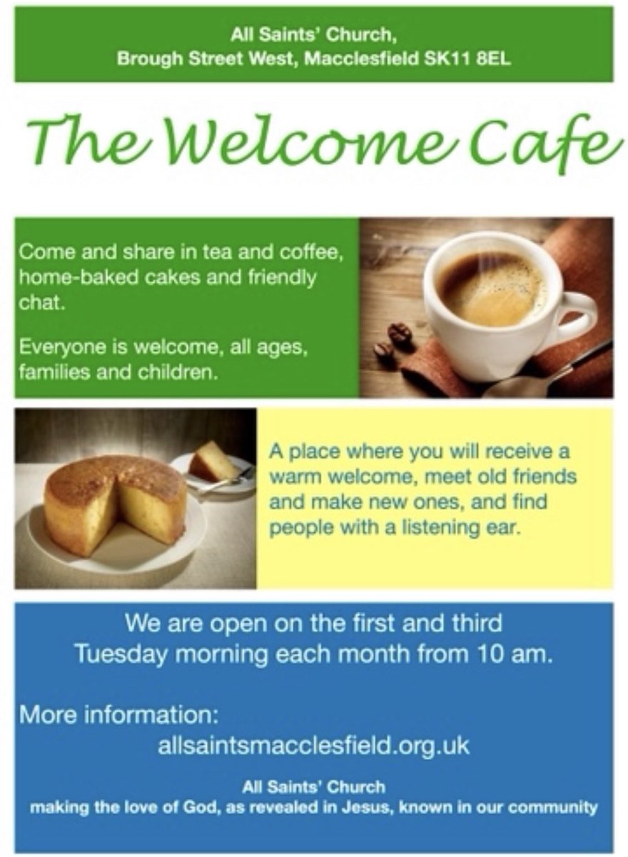 allsaintsmacc's tweet photo. Our Welcome Cafe will be open again on Tuesday 2nd May from 10am. It's a wonderful opportunity to enjoy our warm space, eat delicious homemade cakes, relax with a hot drink and enjoy the friendliest welcome you'll find anywhere in the area! https://t.co/Nxoi2po9xz