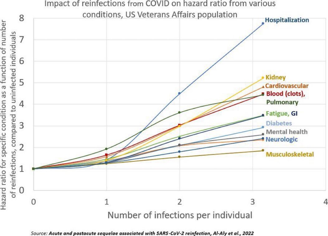 dogarrett's tweet photo. Esse gráfico c o aumento cumulativo do risco de complicações p cada reinfecção por COVID-19 precisa circular mais. 
Isso c 3 reinfecções. Imagina com 4, 5, 6 ou +! Destruição de tecido cerebral, problemas vasculares, doenças autoimunes etc… Parem de falar q COVID é como a gripe. https://t.co/DEPuOBLXki
