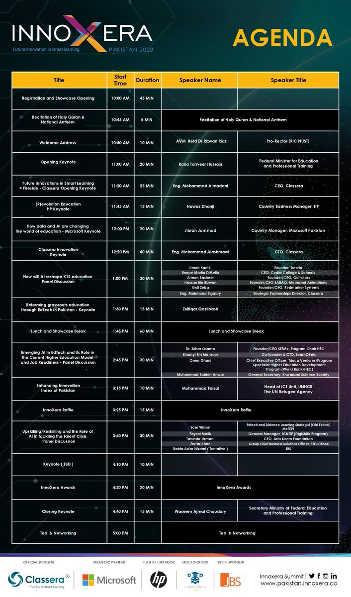 learnobots's tweet image. Join us at @InnoXeraSummit by Registering at bit.ly/3NgVLzq by 08:00 PM today to get a VIP entry pass.

*Agenda of the event is attached for your reference.

Looking forward to seeing you there! 
#innoxera2023 #AI #LearnOBots #NUST #classera #Microsoft #HP #stemeducation